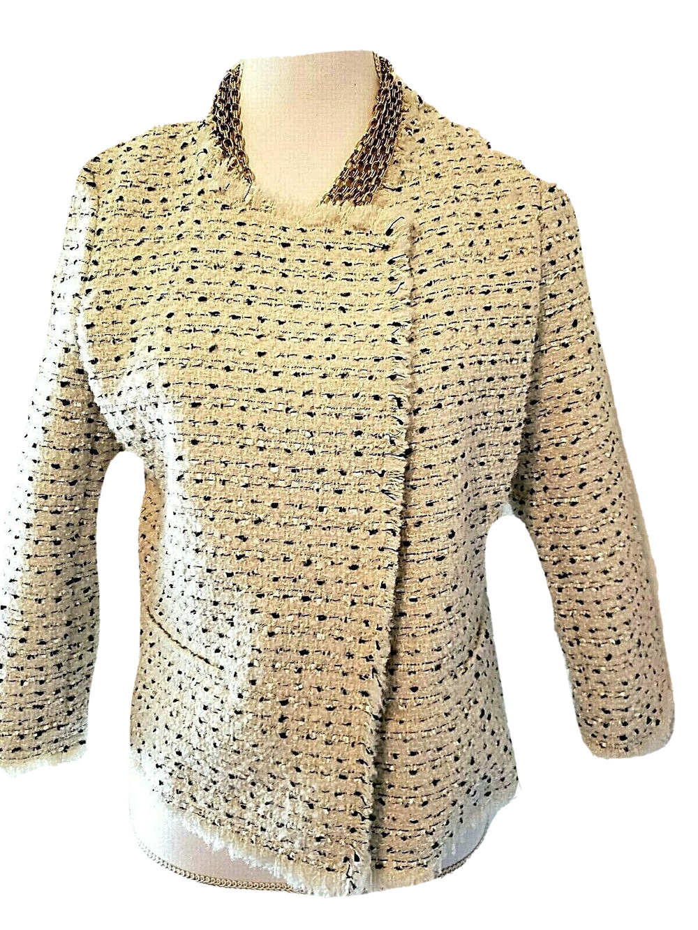 Adrienne Vittadini Womens Off White Open Hang Lined Fringe Trim Jacket Medium M